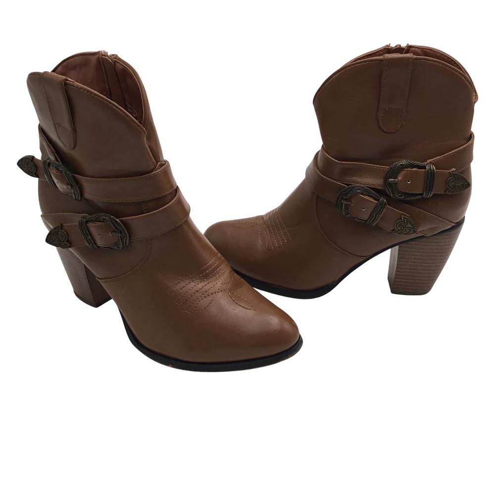 Roper Brown Western Ankle Boots Faux Leather Buckle Strap Block Heel Womens 8‎